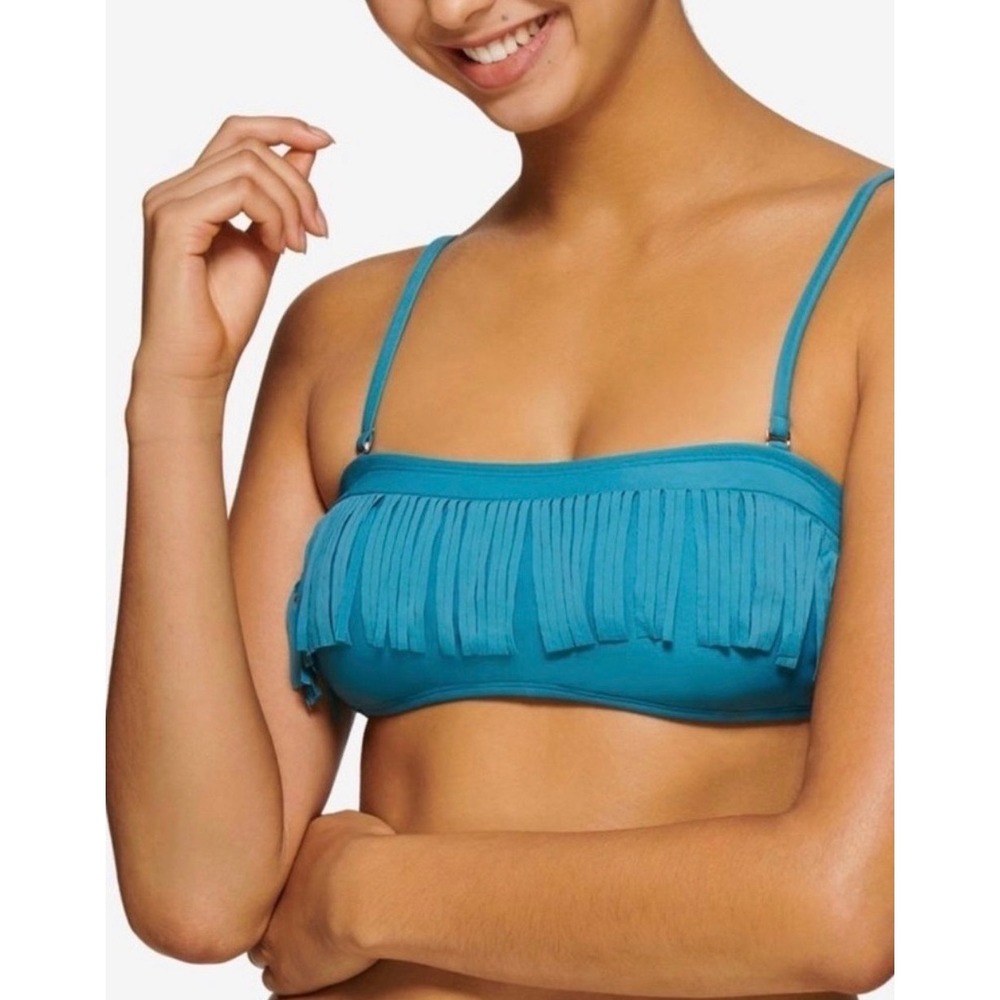 Hula Honey Womens Fringe Bandeau Bikini Top Teal Blue Strapless Size Large